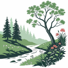 A nature scene with a river in the forest, vector art illustration