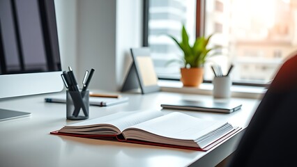 Modern workspace with an organized desk, open planner, and natural light creating a professional yet inviting atmosphere.