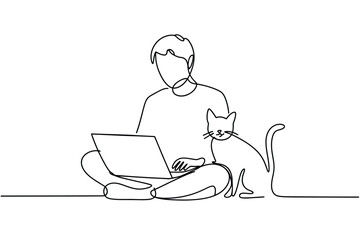 Person working on laptop with cat companion in minimalist line art style