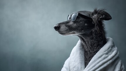 Sleek black dog studio portrait on white background