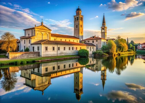 Ancient Cathedral with River Livenza flowing in front