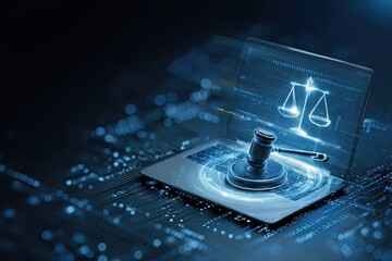 Digital justice scales of justice and gavel on laptop