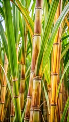 Obraz premium Close-up of sugarcane leaves and stems with intricate details and textures