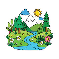 A nature scene with a river in the forest, vector art illustration