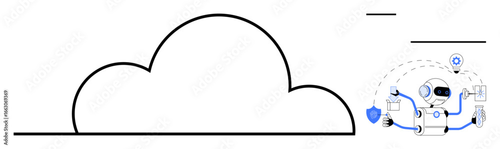 Wall mural robot managing cloud storage tasks with shield for security, gears, checklists, and data transfer ic