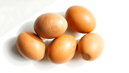 Fresh brown eggs arranged neatly on a white surface, highlighting natural textures.