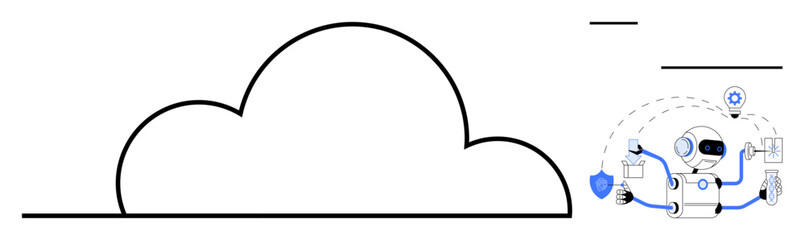 Robot managing cloud storage tasks with shield for security, gears, checklists, and data transfer icons. Ideal for technology, AI, storage, data protection, automation innovation simple flat