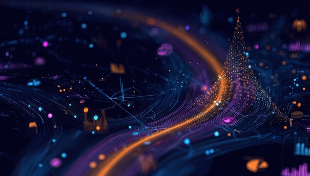 Abstract digital data visualization; glowing lines, charts, and nodes form a dynamic, swirling network