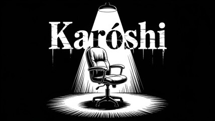 Karoshi concept illustration showing empty office chair under dramatic spotlight representing overwork and burnout culture