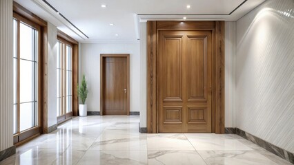 Obraz premium Elegant wooden door in a spacious white hall with polished marble or ceramic tile flooring