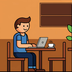 Cartoon illustration of a man working on a laptop in a cafe with coffee.