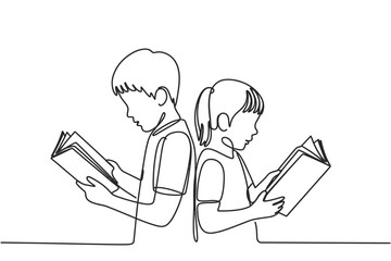 Children reading books in a continuous line drawing style