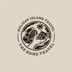Fototapeta premium Hand travel logo in vintage style, symbol of journey and care.