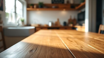 A wooden table surface with subtle texture and a softly focused kitchen window in the background.