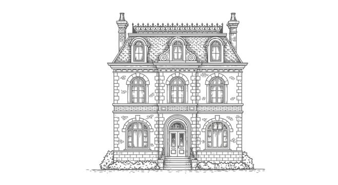 Vector SVG Illustration of Victorian House with Architectural Details in Minimalist Line Art Style for Web and Digital Use