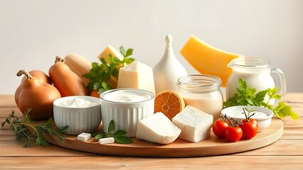 Fresh dairy products neatly arranged on a wooden table with soft natural lighting.