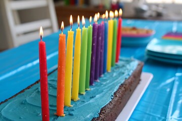 Colorful Birthday Cake with Candles for Celebration in Bright Indoor Setting