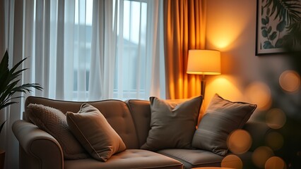 A snug living room corner with a plush sofa and warm lighting, offering a welcoming vibe.