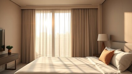 Fototapeta premium Serene hotel bedroom bathed in morning light, featuring minimalist decor and a neatly made bed.