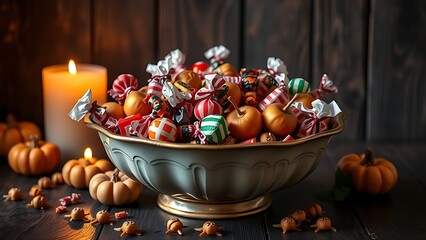 A vintage candy bowl filled with treats and caramel apples, warm candlelight reflecting, nostalgic Halloween atmosphere.