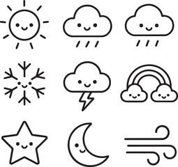 Fototapeta premium 9 cute weather face icons in outline style: sun, cloud, rain cloud, snowflake, thunderstorm, rainbow, star, moon, and wind. Each with a smiling cute face, clean and minimal, consistent design