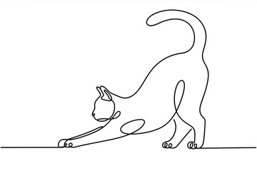 Elegant single line drawing of a cat stretching on a white background
