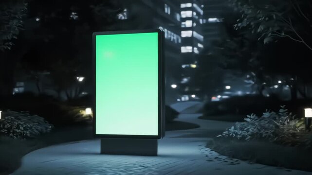 Blank Digital Billboard with a Ready to edit Green Screen at Night Beside of the Road, Park Bench