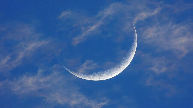 Crescent moon in blue sky with wispy clouds capturing daytime serenity - Powered by Adobe