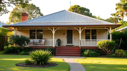 Single-story Australian suburban house with a wide veranda, lush garden in soft afternoon light.