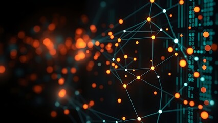 Glowing nodes form abstract data visualization on dark background, conveying futuristic technology concept.