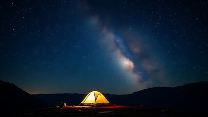 A glowing tent beneath the Milky Way in a serene mountain landscape, capturing tranquil camping under natural light.