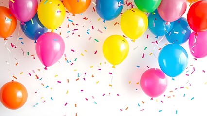 Colorful balloons and confetti float against a clean white background, creating a festive celebration atmosphere.