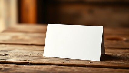 Blank greeting card resting on a rustic wooden surface with warm ambient light.