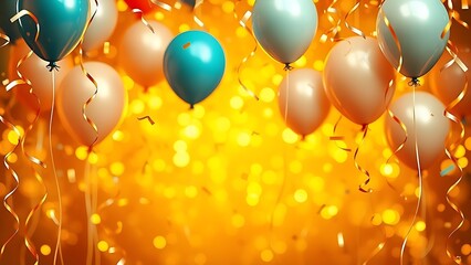 A festive golden frame filled with floating balloons and swirling confetti, capturing a lively celebration atmosphere.