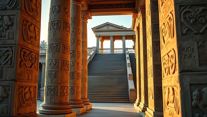Ancient stone pillars with intricate carvings leading to a grand staircase, embodying classical architectural elegance.