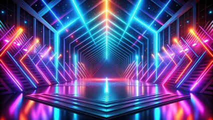 Colorful abstract background with neon lights and arrows in a futuristic stage setting