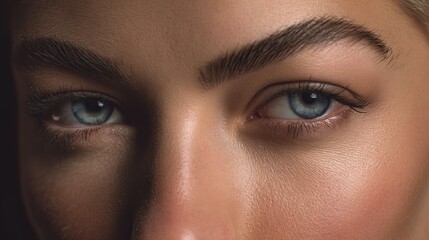 Fototapeta premium Close-up portraits of women with medium-length hair, soft pink lips, radiant ochre complexion; Highlight facial details, emphasizing natural beauty and subtle makeup features.