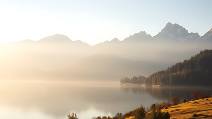 Tranquil mountain landscape with a mirror-like lake under soft morning light.