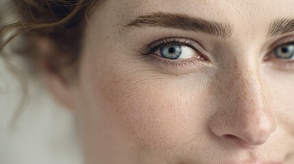 Close-up portraits of women with medium-length hair, soft pink lips, radiant ochre complexion; Highlight facial details, emphasizing natural beauty and subtle makeup features.