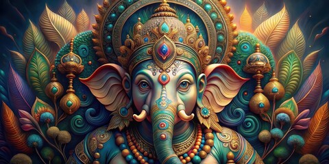 A majestic digital depiction of Ganesha with intricate carvings and ornate details
