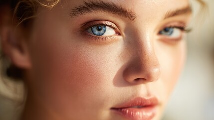 Close-up portraits of women with medium-length hair, soft pink lips, radiant ochre complexion; Highlight facial details, emphasizing natural beauty and subtle makeup features.