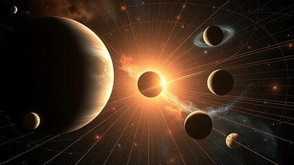 Celestial bodies linked by harmonic resonance lines, dancing in space with a fading phantom planet.