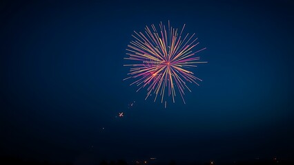 Single firework bursting in red and gold against twilight sky, radiant sparks trailing over distant city lights.