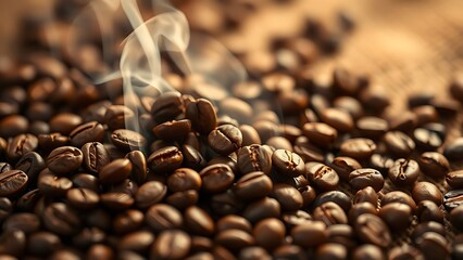 Freshly roasted coffee beans on burlap, steaming with warmth and rich texture.