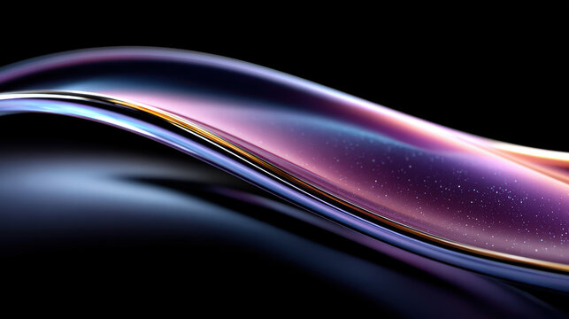 Abstract iridescent wave with gold accents on black background, smooth flowing shape with purple, blue, and gold hues, futuristic design element, elegant and modern backdrop, perfect for digital art