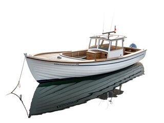 Naklejka premium White Fishing Boat with Reflection on Dark Surface vessel nautical isolated on a transparent background