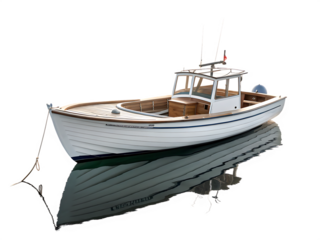 White Fishing Boat with Reflection on Dark Surface vessel nautical isolated on a transparent background