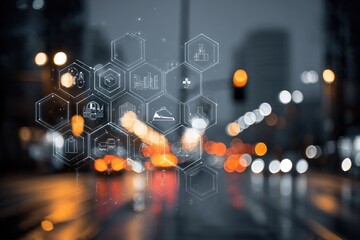 Cityscape with overlaid hexagonal network showcasing various service icons