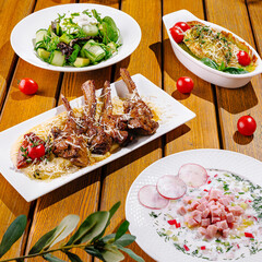 Delicious Mediterranean dishes served on a wooden table