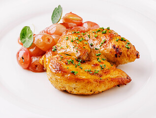 Grilled chicken breast served with roasted grapes and herbs on a white plate